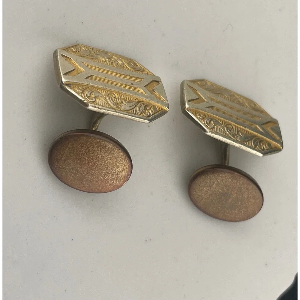 Gold Filled Art Deco Cufflinks Two Tone Etched Engine Turn Geometric Swivel Back